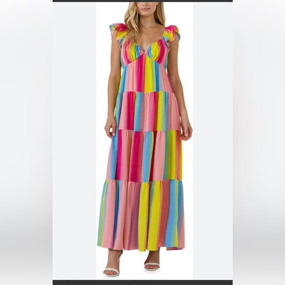 New! Endless Rose medium rainbow ombré stripe maxi dress with fluttery sleeves. - Picture 3 of 11